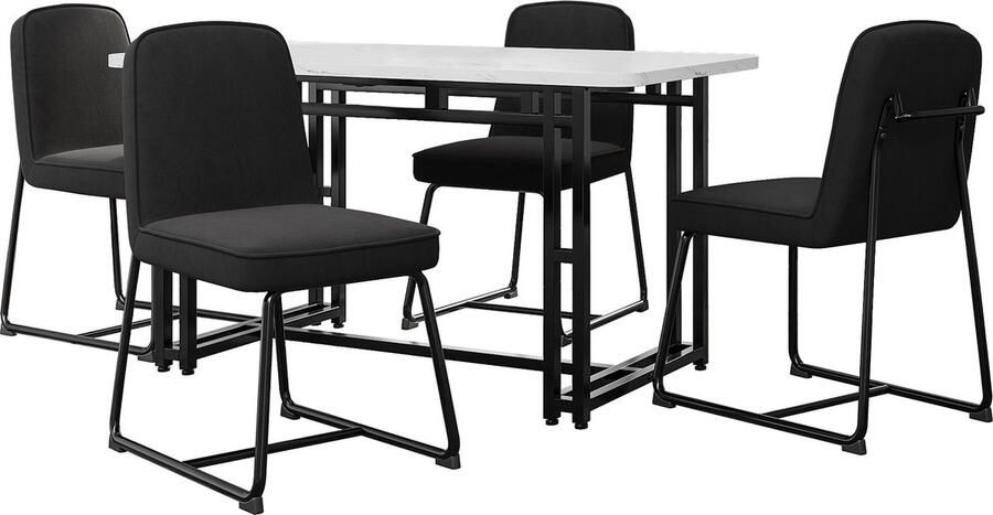 Merax Eetkamerset (5-delig) 120x70cm Eettafel met 4 Eetkamerstoelen Modern Ontwerp voor Eetkamer Keuken en Woonkamer Velvet Stoelen Wit met Zwart