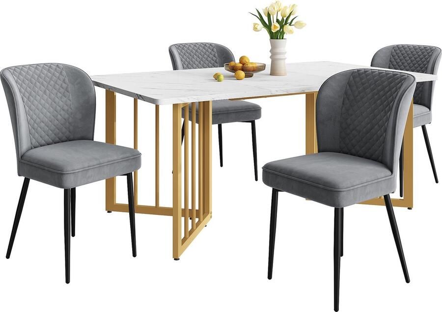 Merax Eetkamerset Set (140×80×75 cm EetTafel + 4 Donkergrijze Fluwelen Stoelen) Moderne Eettafel Set met Rugleuning Wit MDF Tafelblad V-vormige Gouden Metalen Poten