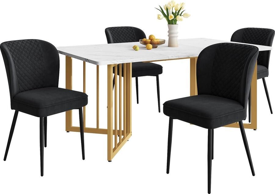 Merax Eettafelset (5-delig) 140x80x75 cm Tafel met 4 Zwarte Fluwelen Stoelen Moderne Set met Rugleuning Wit MDF Tafelblad en V-vormige Gouden Metalen Poten