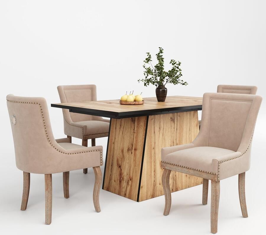Merax Esstisch-Set (5-teilig) 138.5 x 80 cm großer Esstisch und 4 Stühle moderner Esstisch mit Holzmaserungsmuster Küche und Wohnzimmer beige Esszimmerstühle mit Massivholzbeinen - Foto 3