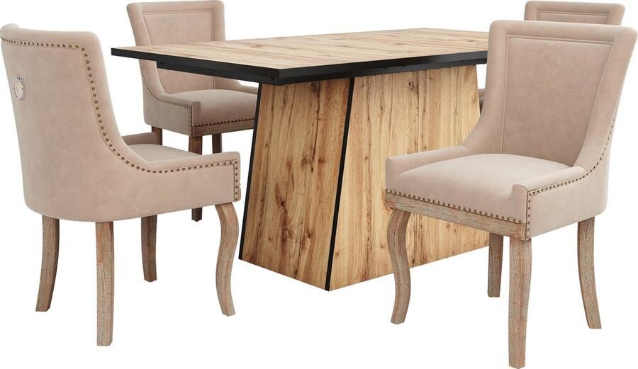 Merax Esstisch-Set (5-teilig) 138.5 x 80 cm großer Esstisch und 4 Stühle moderner Esstisch mit Holzmaserungsmuster Küche und Wohnzimmer beige Esszimmerstühle mit Massivholzbeinen - Foto 4