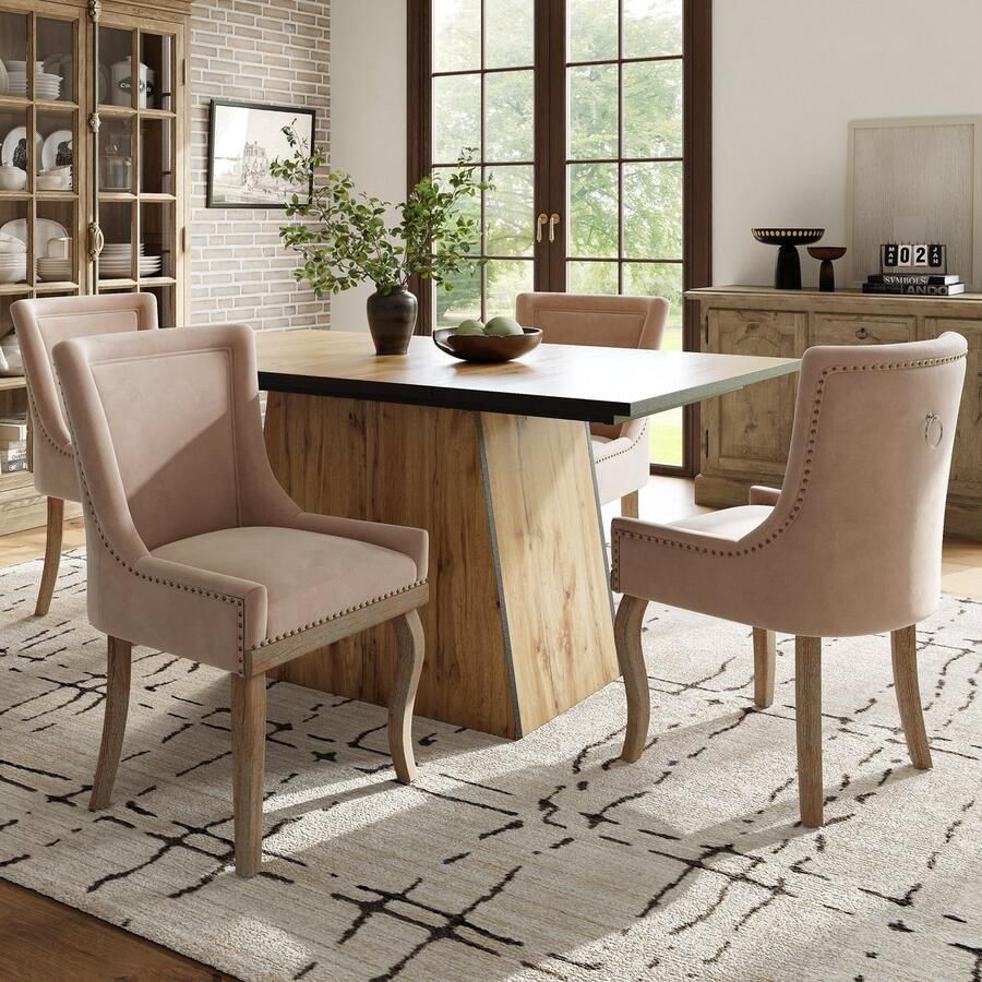 Merax Esstisch-Set (5-teilig) 138.5 x 80 cm großer Esstisch und 4 Stühle moderner Esstisch mit Holzmaserungsmuster Küche und Wohnzimmer beige Esszimmerstühle mit Massivholzbeinen