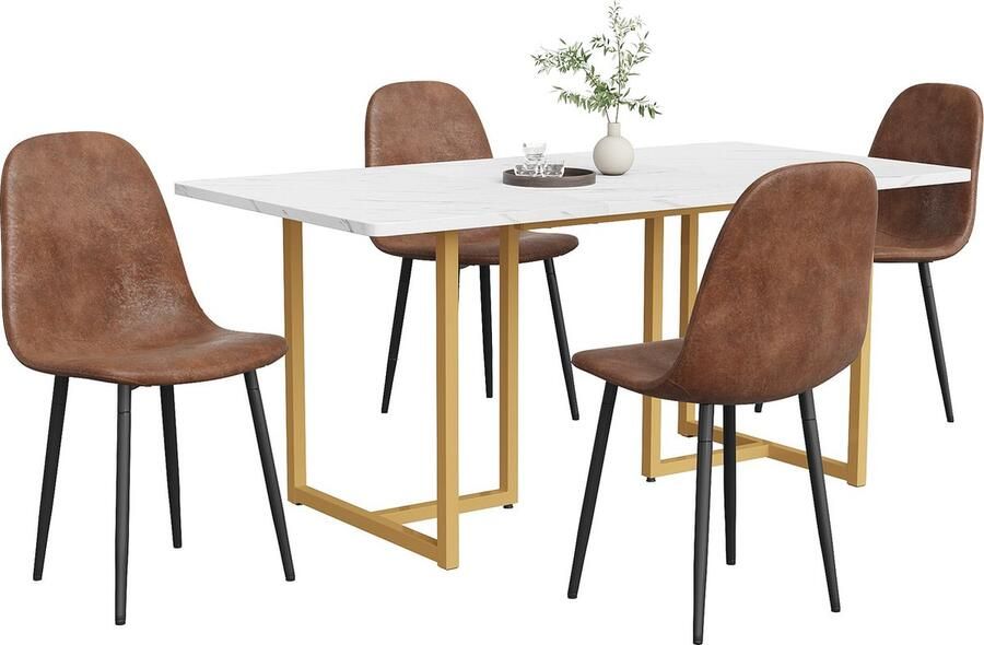 Merax Eettafelset (5-delig) Eettafel met 4 Bruine Kunstlederen Stoelen Scandinavisch Design met L-vormige Gouden Tafelpoten en Witte MDF Tafelblad