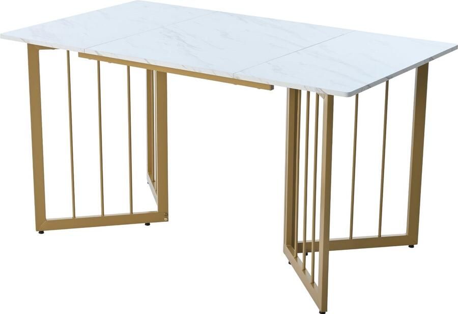 Merax Eettafelset (5-delig) Eettafel met 4 Bruine Kunstlederen Stoelen Scandinavisch Design met V-vormige Gouden Tafelpoten en MDF Tafelblad