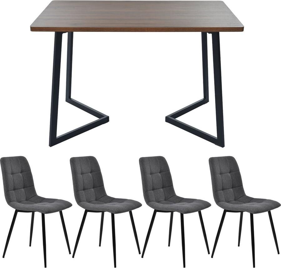 Merax Eettafelset (5-delig) – Rechthoekige Eettafel 117x68 cm met Walnootkleurig MDF Tafelblad en Zwarte Metalen Poten Inclusief 4 Donkergrijze Linnen Eetkamerstoelen