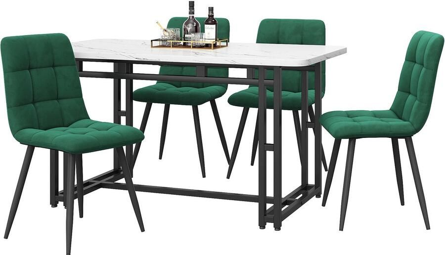 Merax Eetkamerset Keukenset met Eettafel en 4 Eetkamerstoelen Eettafelset met Fluwelen Stoelen en Marmerlook Tafel Groen met Wit en Zwart