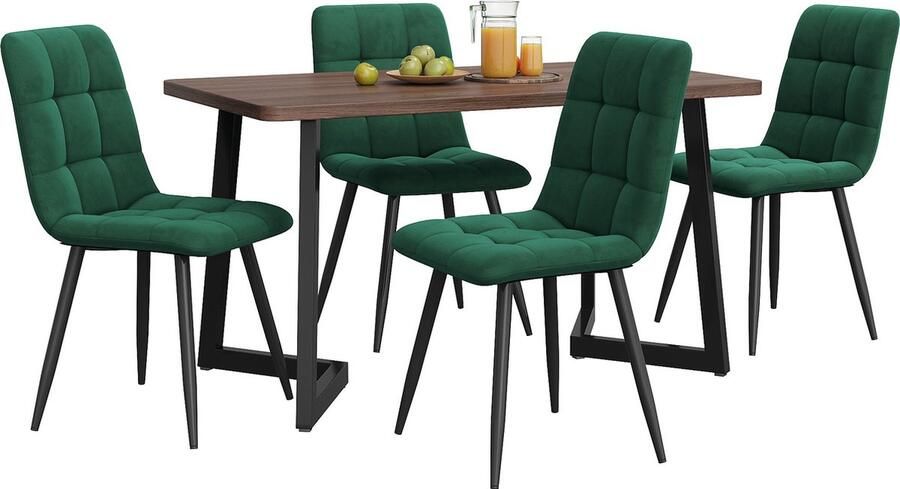 Merax Essgruppe (5-tlg) Esstisch mit 4 Stühlen Set Moderner Küchentisch Set Holzmaserung Küchentisch mit Schwarz Metallbeinen MDF Tischplatte in Walnussfarbe Dunkelgrün Samt Esszimmerstühle - Foto 2