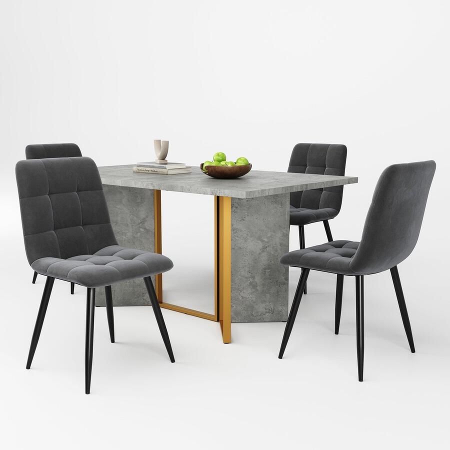 Merax Eettafelset (5-delig) – Moderne Eettafel 119 x 70 cm in Betonlook met 4 Donkergrijze Fluwelen Stoelen Eenvoudig te Reinigen en Duurzaam