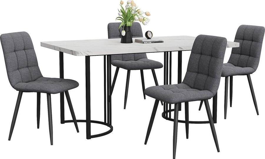 Merax Essgruppe (5-tlg) Esstisch mit 4 Stühlen Set Moderner Küchentisch Set 140×80cm Küchentisch mit Schwarz Metallbeinen MDF Tischplatte in Weißer Dunkelgrau Leinen Esszimmerstühle - Foto 2
