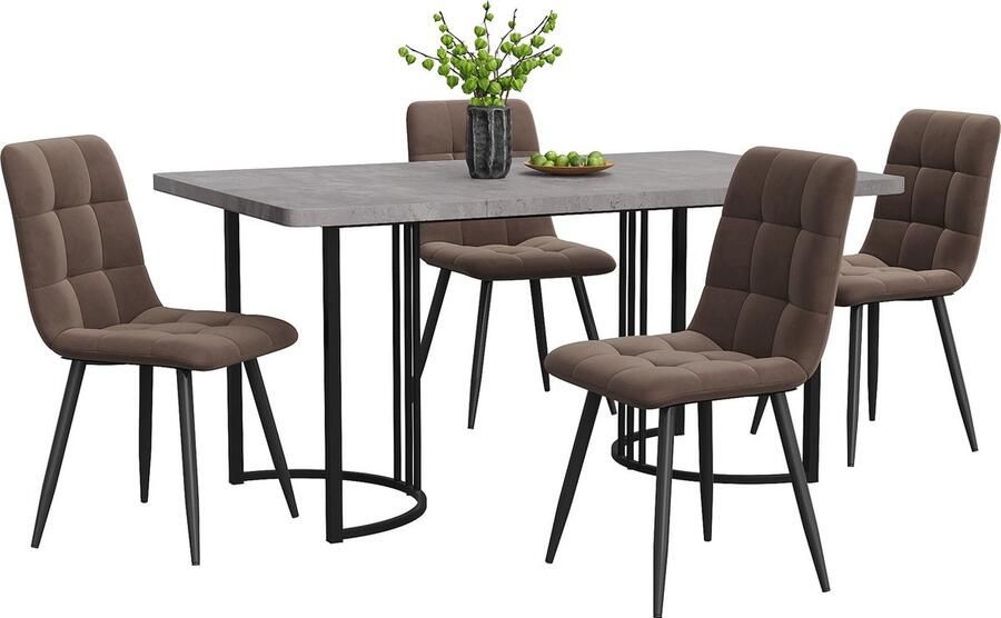 Merax Eettafelset (5-delig) – Moderne Eettafel 140×80 cm met Zwarte Metalen Poten – Grijs MDF Tafelblad in Marmerlook – 4 Bruine Fluwelen Eetkamerstoelen