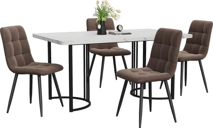 Merax Eettafelset (5-delig) – Moderne Eettafel 140×80×75 cm met Marmerlook MDF Blad en Verstelbare Zwarte Metalen Poten – 4 Bruine Fluwelen Eetkamerstoelen met Rugleuning