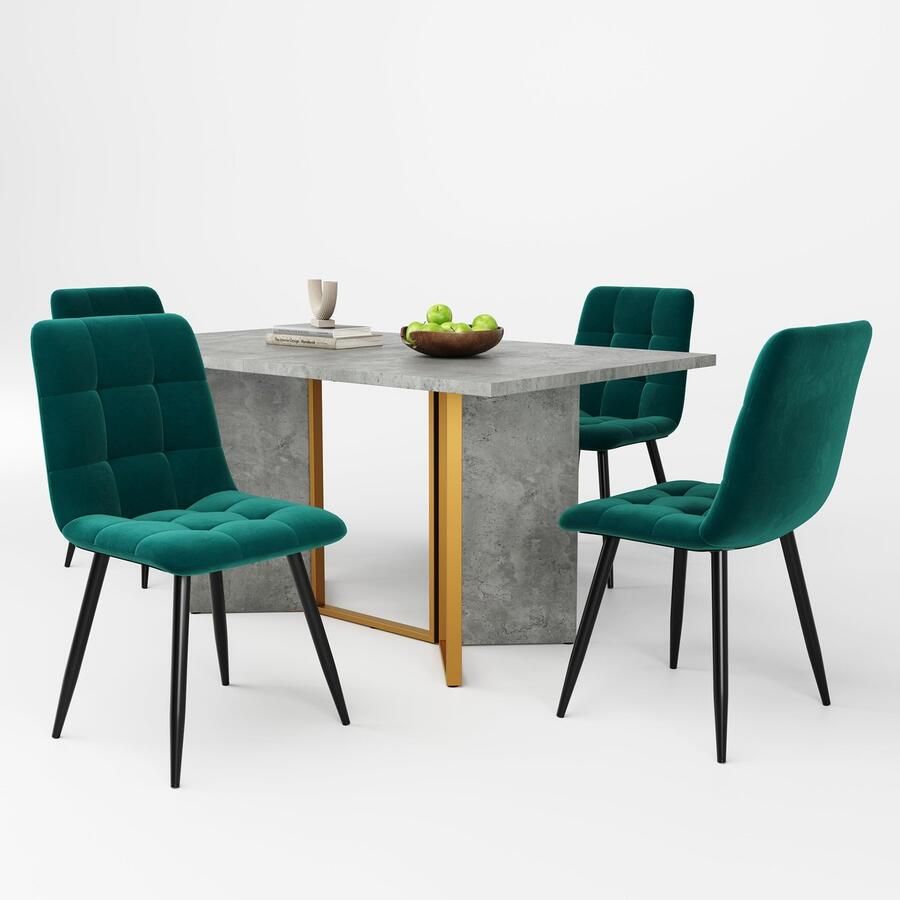 Merax Eettafelset 5-delig – Moderne eettafel met zementlook en metalen poten – Inclusief 4 groene velvet eetkamerstoelen