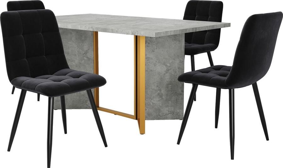 Merax Eettafelset 5-delig – Moderne eettafel met zementlook en metalen poten – Inclusief 4 zwarte velvet eetkamerstoelen