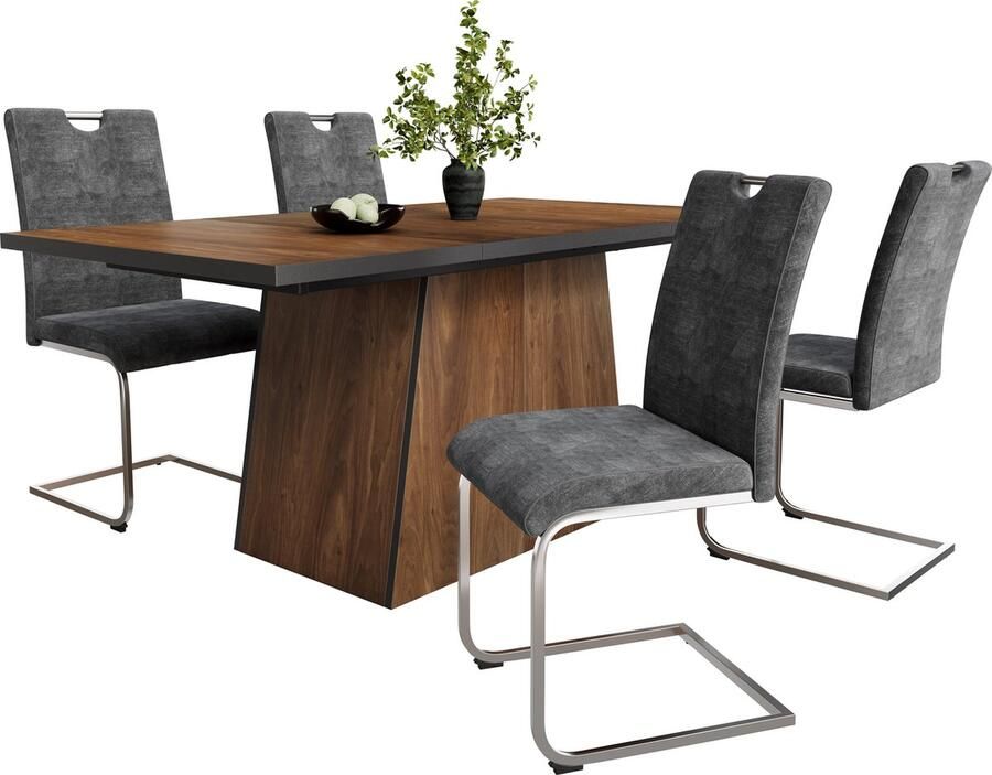 Merax Eettafelset 5-delig – Moderne rechthoekige eettafel met donkerbruine houtlook – Inclusief 4 grijze velvet eetkamerstoelen