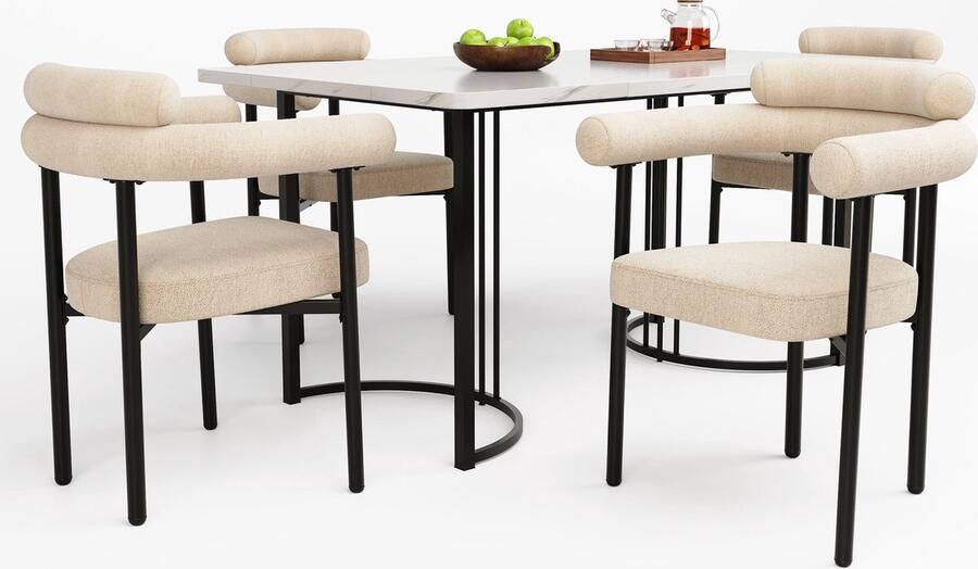 Merax Eettafelset 5-delig – Moderne rechthoekige eettafel met metalen designpoten en 4 ergonomische stoelen in crèmekleurige velvet stof