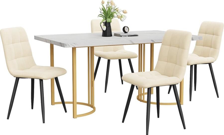 Merax Essgruppe (5-tlg) Esstisch mit 4 Stühlen Set Moderner Küchentisch Set 140×80cm Küchentisch mit Golden Metallbeinen MDF Tischplatte in Weißer Beige Samt Esszimmerstühle - Foto 2
