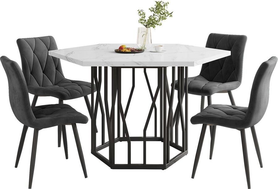Merax Eettafelset 5-delig – Moderne Zeshoekige Marmerlook Wit met Zwart Eettafel met 4 Grijze Fluwelen Eetkamerstoelen