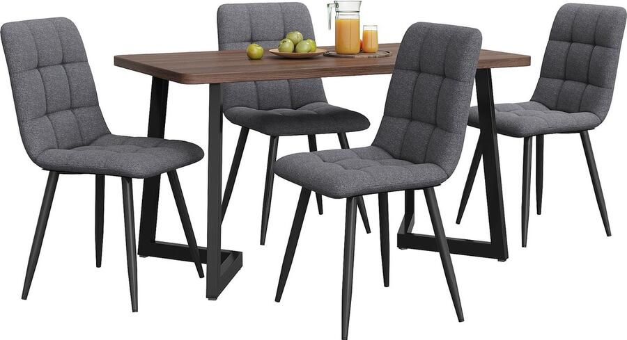 Merax Eettafelset (5-delig) – Rechthoekige Eettafel 117x68 cm met Walnootkleurig MDF Tafelblad en Zwarte Metalen Poten Inclusief 4 Donkergrijze Linnen Eetkamerstoelen - Foto 2