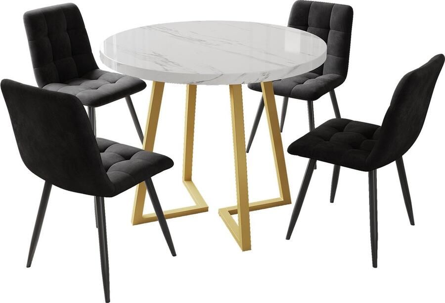 Merax Eettafelset (5-delig) – Ronde Eettafel (Ø80 cm) met 4 Stoelen Moderne Eetkamerset met Gouden Metalen Poten Witte MDF-Tafelblad en Zwarte Fluwelen Stoelen