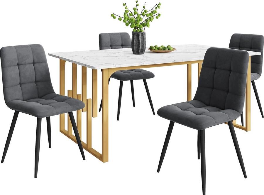 Merax Eetkamerset (5-delig): Modern Eettafel met 4 Stijlvolle Eetkamerstoelen 140x80cm Gouden Metaalpoten Wit MDF Donkergrijze Velvet Stoelen
