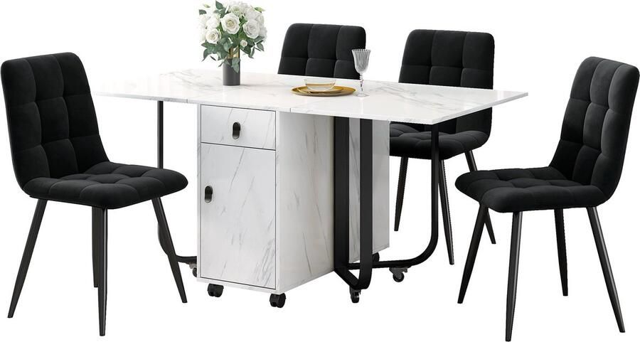 Merax Eettafelset (5-delig) – Uitschuifbare Eettafel (150×80×76 cm) met 4 Gestoffeerde Stoelen Moderne Eetkamerset met Fluwelen Stoelen Witte MDF-Tafelblad en Zwarte Metalen Poten