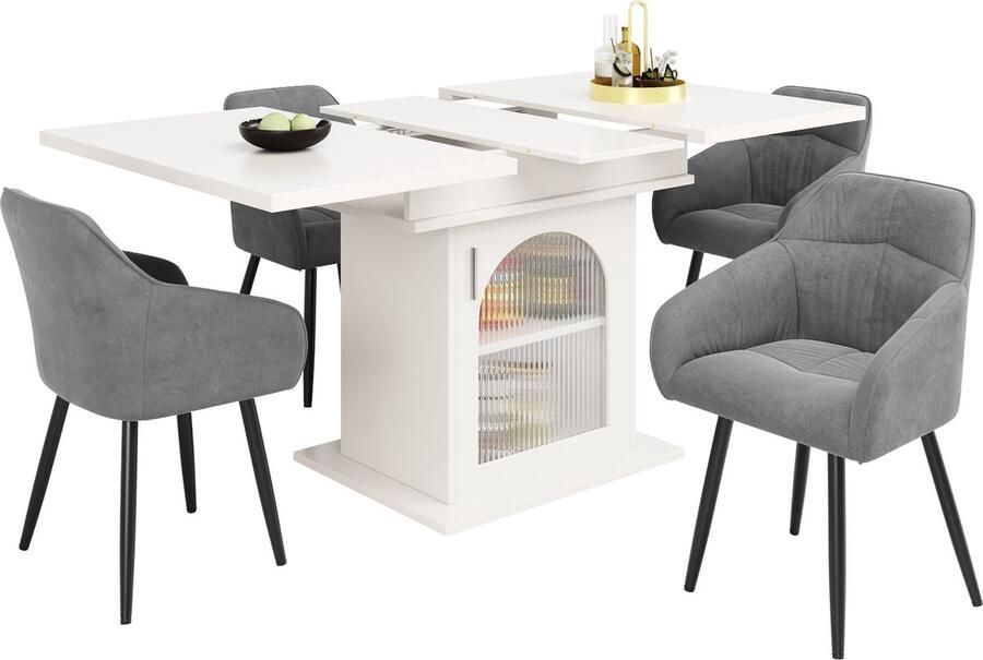 Merax Eettafelset 5-delig – Uitschuifbare Eettafel 140x80 cm met Opbergruimte & 4 Fluwelen Eetkamerstoelen – Wit Grijs & Zwart – Moderne Eethoek