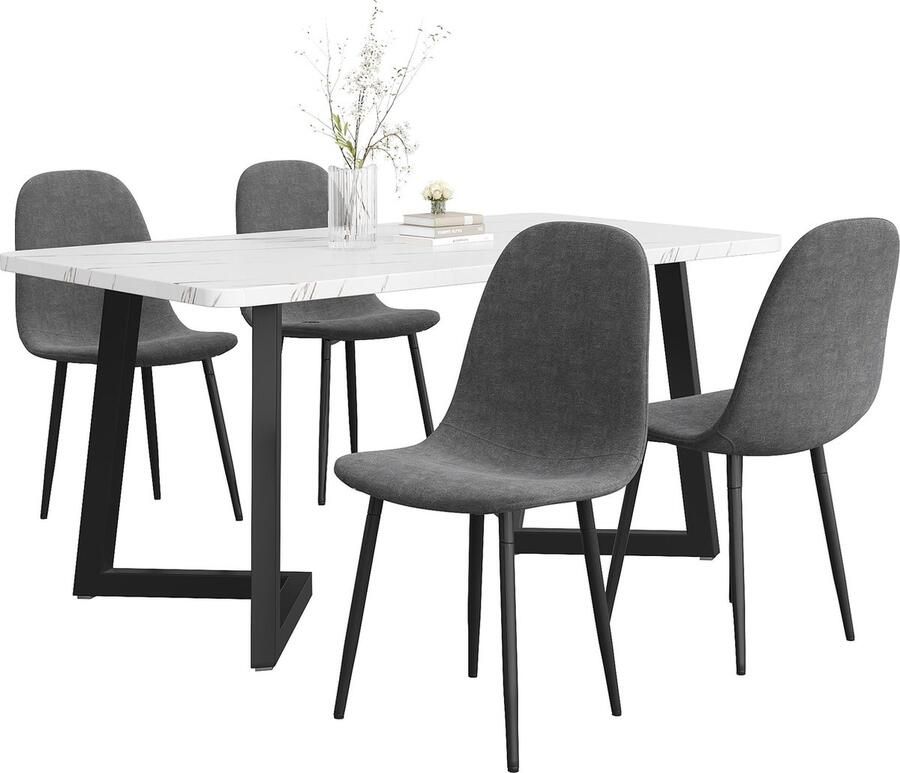 Merax Essgruppe (5-tlg) Esstisch mit 4 Stühlen Moderner Küchentisch Set Esszimmerstühle in modernem Design mit Rückenlehne Beine aus Metall Graue Leinen Schwarze Tischbeine