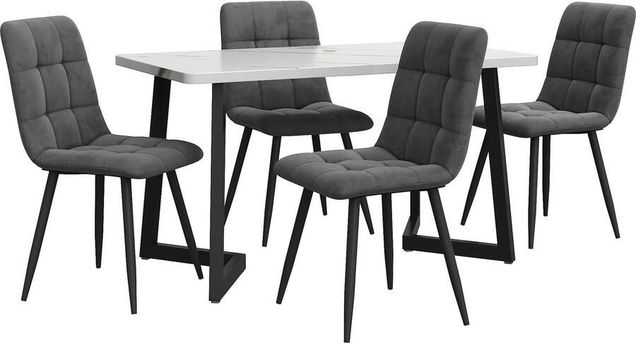 Merax 117 cm Eettafel Set met 4 Stoelen Moderne Keukentafel 117 x 68 cm met Zwarte Metalen Poten en Donkergroene Samt Stoelen - Foto 2