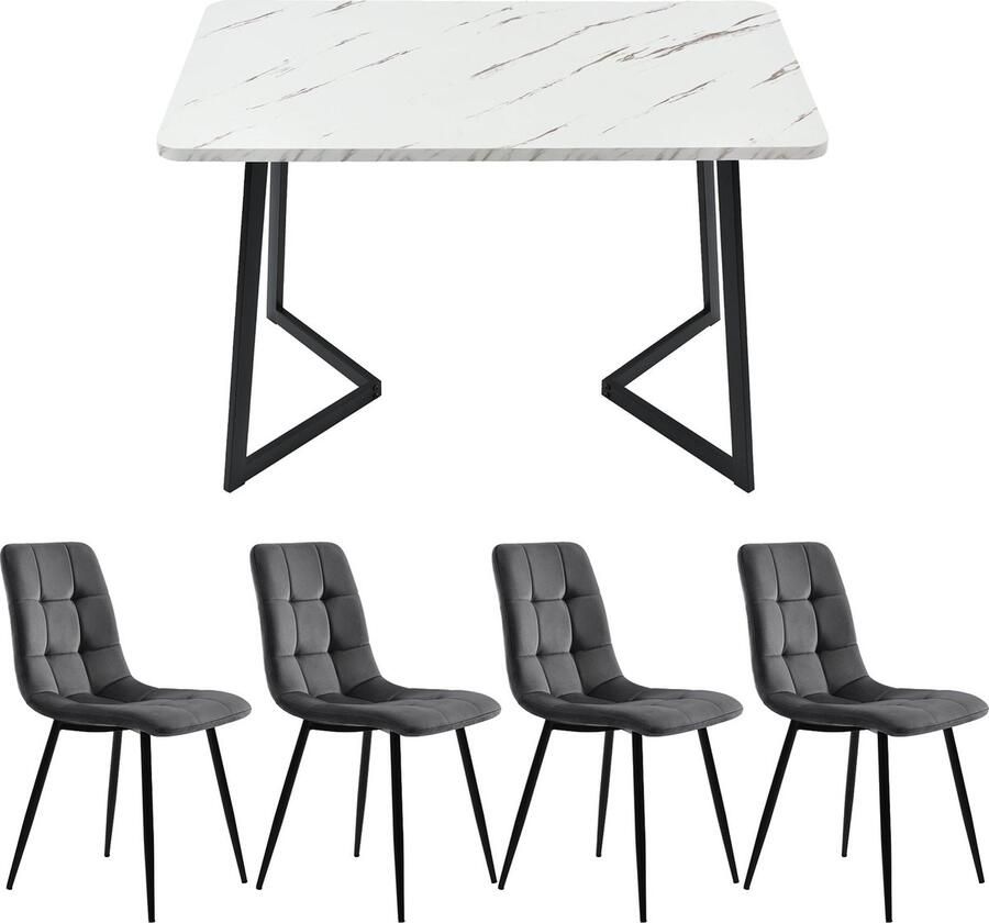 Merax 117 cm Eettafel Set met 4 Stoelen Moderne Keukentafel 117 x 68 cm met Zwarte Metalen Poten en Donkergroene Samt Stoelen - Foto 3