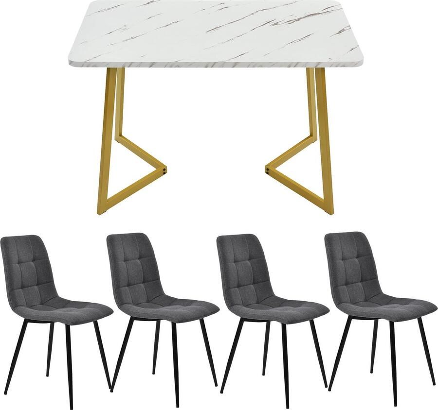 Merax Eettafelset (5-delig) – Rechte Eettafel 117 cm met MDF Tafelblad Gouden Metalen Poten en 4 Donkergrijze Linnen Stoelen