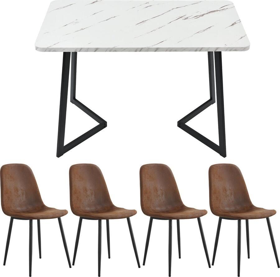 Merax Eettafelset (5-delig) Eettafel met 4 Bruine Kunstlederen Stoelen Scandinavisch Design met Zwarte Tafelpoten en Witte MDF Tafelblad