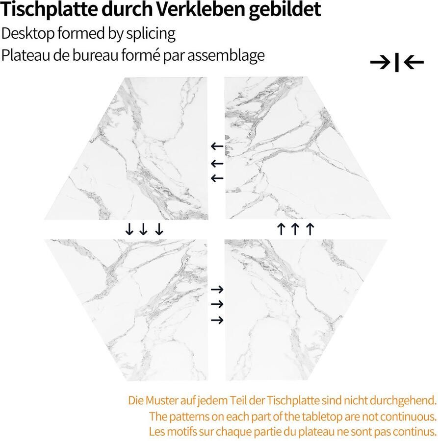 Merax Eettafelset 5-delig Zeshoekige Eettafel met Marmor Look Inclusief 4 Linnen Stoelen Moderne Eetkamerset van MDF en Metaal Grijs Goud
