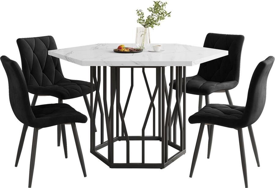 Merax Eettafelset 5-delig – Zeshoekige Wit Marmerlook met Zwart Eettafel en 4 Zwart Velvet Eetkamerstoelen