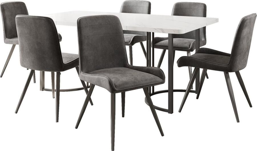Merax Eettafelset (7-delig) – 140x80 cm Eettafel met 6 Stoelen Modern Eettafelset met MDF Tafelblad in Wit en Zwarte Stalen Stoelpoot Donkergrijze Stoelen