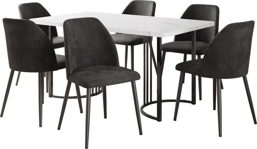 Merax Eettafelset (7-delig) – 140x80 cm Eettafel met 6 Stoelen Modern Eettafelset met Wit MDF Tafelblad Donkergrijze Eetstoelen met Rugleuning