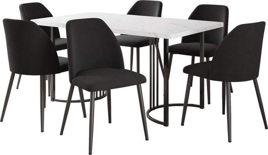 Merax Eettafelset (7-delig) – 140x80 cm Eettafel met 6 Stoelen Modern Eettafelset met Wit MDF Tafelblad Stijlvolle Zwarte Stoelen met Rugleuning