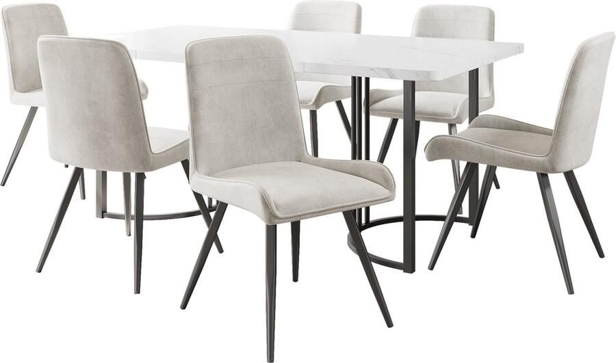 Merax Eettafelset 7-delig – Moderne eettafel (140 x 80 cm) met 6 stoelen witte MDF tafelblad en zwarte metalen stoelpoten (beige bekleding)