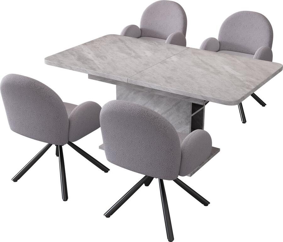 Merax Eettafelset Grijze Uitbreidbare Eettafel met 4 Sherpa Stoffen Stoelen Opbergruimte en Modern Design