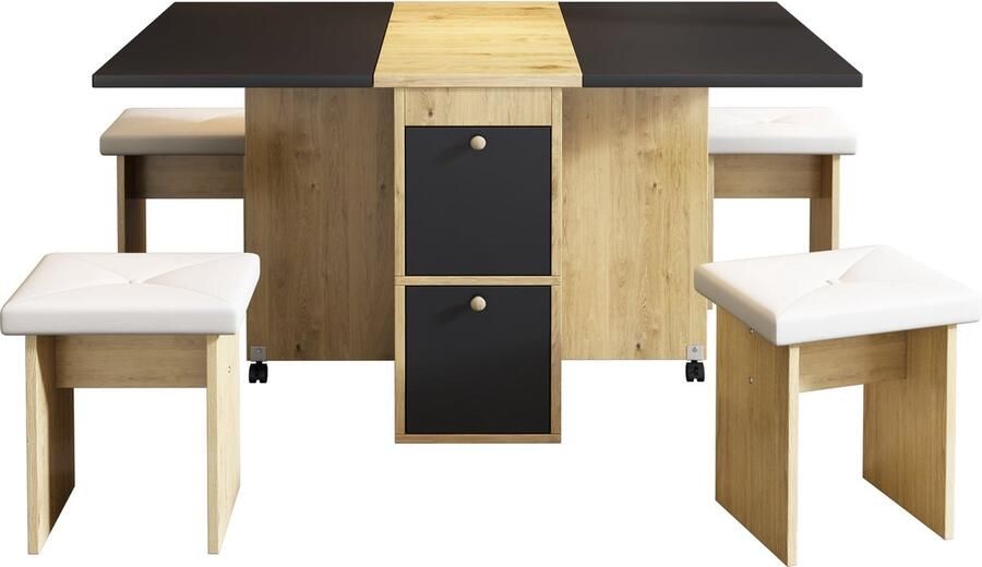 Merax Eettafelset met 4 Eetkamerstoelen – Inklapbare en Verrijdbaar Eettafel met opbergruimte – 120×80×75 cm – Wit met Eiken Bruin en Zwart – Ruimtebesparende Eethoek