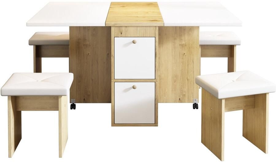 Merax Eettafelset met 4 krukjes – Inklapbare en Verrijdbare Eettafel met opbergruimte – 120×80×75 cm – Wit met Eiken Bruin en Zwarte Wielen – Ruimtebesparende Eethoek voor 4 Personen