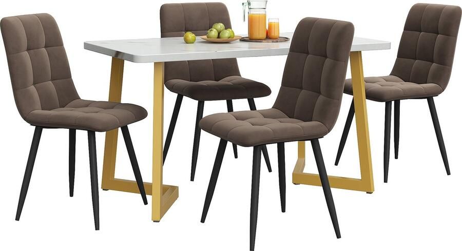 Merax Eettafelset met 4 Stoelen – 117×68 cm – Moderne Eettafel – Bruin Fluwelen Eetkamerstoelen – Tafel met Gouden Metalen Poten en Marmerlook