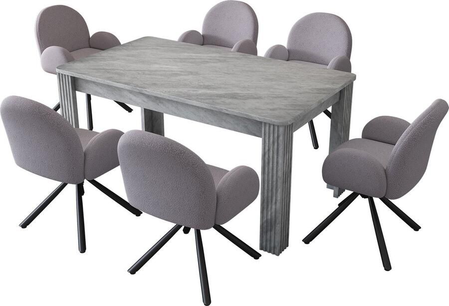 Merax Küchentisch- en Stuhlset met Eettafel en 6 Stoelen Sherpa Esszimmerstoelen Loungestoelen met Vier Metalen Poten Rechthoekige Eettafel Grijs