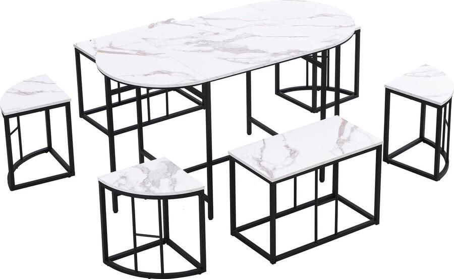 Merax Eettafel Set met 6 Stoelen – Moderne Essgroep met Witte MDF Zitvlakken en Zwart IJzeren Frame Luxe Eettafel en Stoelen
