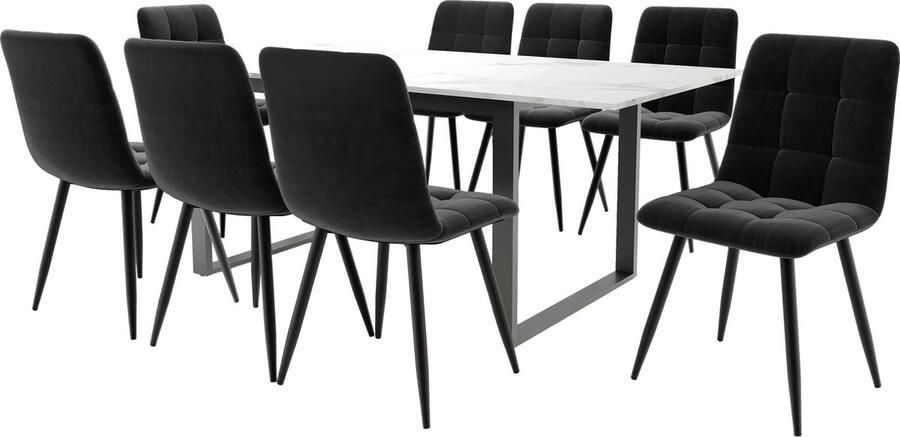 Merax eettafelset met 8 stoelen – Uitschuifbare eettafel (140 180×80×75 cm) wit MDF tafelblad zwarte metalen poten zwarte fluwelen eetkamerstoelen met rugleuning