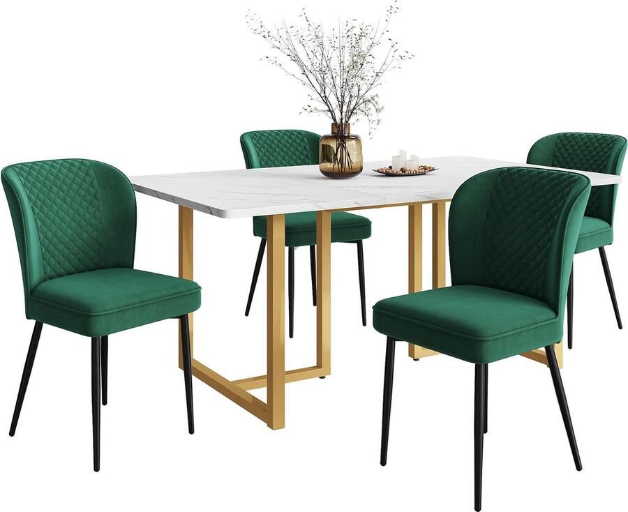 Merax Eetkamer Set Modern Eettafel met 4 Donkergroene Velvet Eetkamerstoelen 140×80×75 cm MDF Tafelblad in Wit met L-vormige Gouden Poten