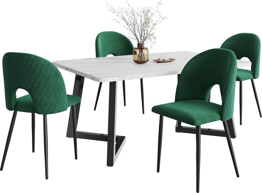 Merax Eetkamer Set – Moderne Eettafel (117×68 cm) met 4 Stoelen Samt Stoelen met Diamantpatroon Verstelbare Poten Groen Fluweel Zwarte Tafelpoten