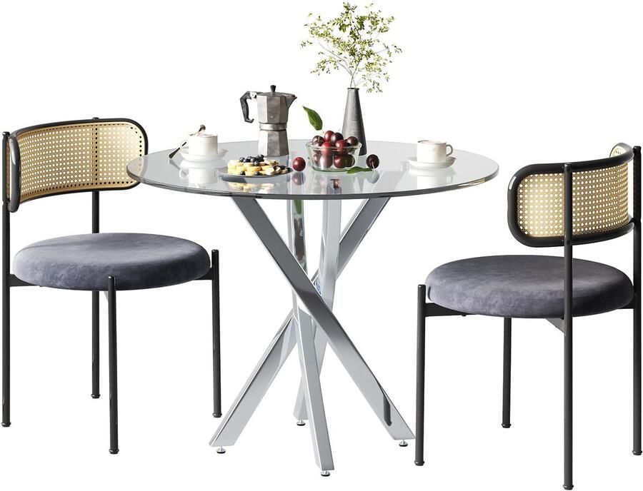 Merax Eettafelset – Ronde Eettafel 80x80 cm met Gehard Glazen Tafelblad en 2 Stoelen – Moderne Eetkamer set – Grijs & Zilver
