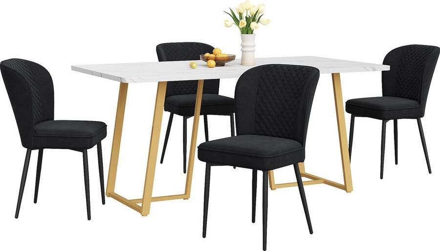 Merax Eetkamerset 5-Delig 140×80×75 cm Eettafel met 4 Zwarte Eetkamerstoelen en Gouden Metalen Poten