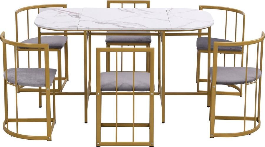 Merax Sechs-Stuhl Esstischset:(Weißer Tisch Stühle mit Rückenlehnen und grauen Polstern Goldfarbenes Eisengestell) Esszimmertisch und Stuhlset Moderne Esstischkombination(previous sku: 308399408AA) - Foto 2