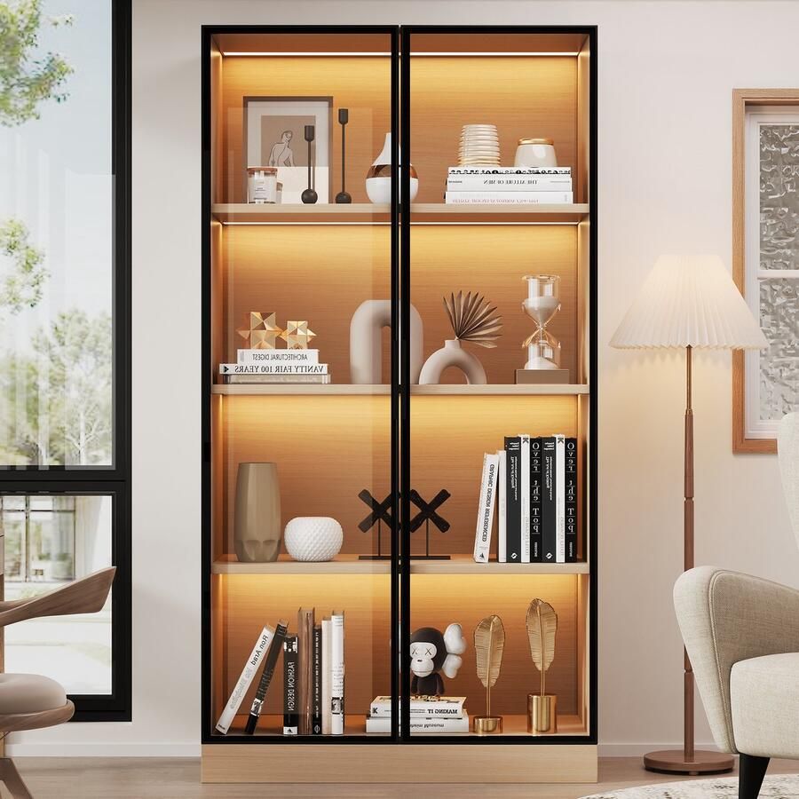 Merax Eikenhouten glazen vitrinekast voor buiten 70x40x160 cm LED verlichte houten vitrine met deuren van gehard glas